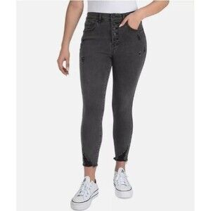 Indigo Rein Juniors’ High‑Rise Destructed Curvy Crop Jeans Black W26 NWT